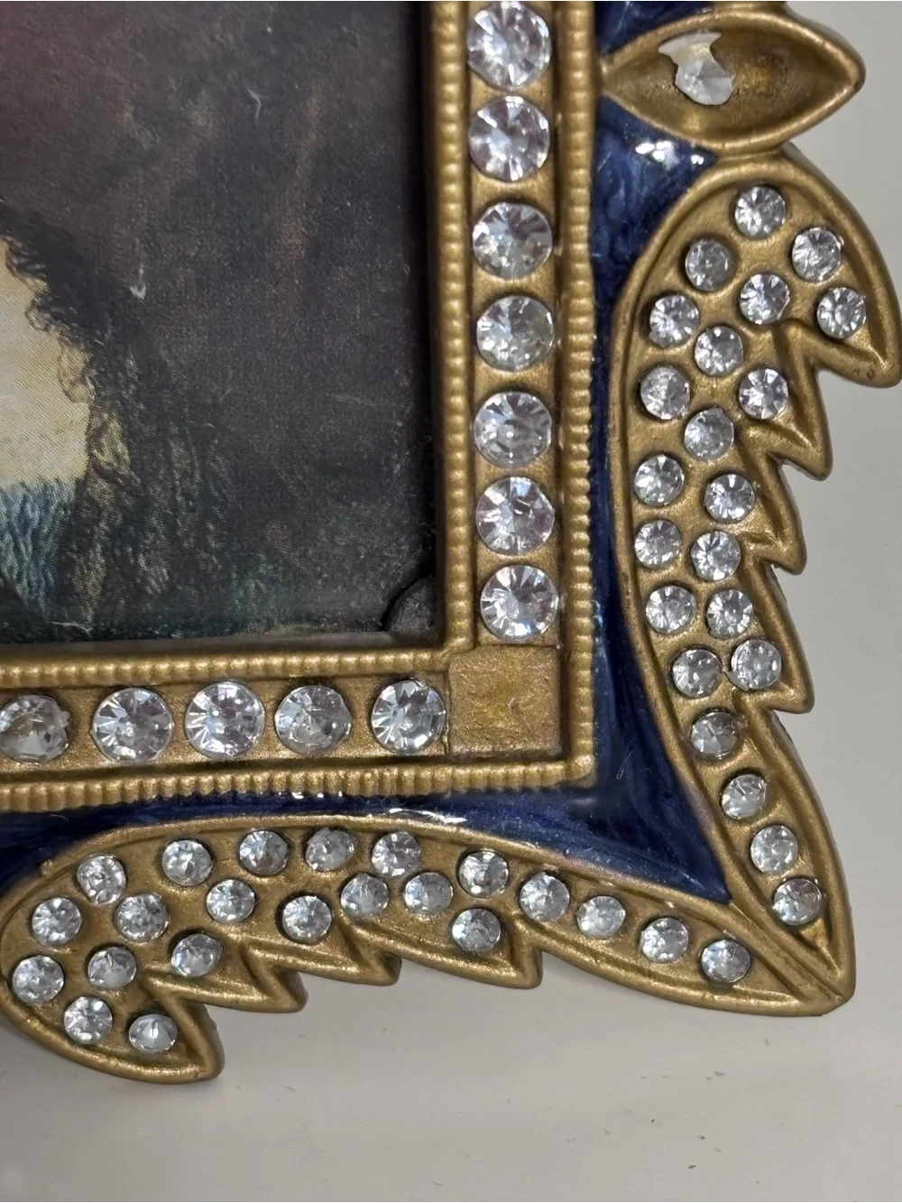Vintage style ornate blue and gold with rhinestones mini picture frame 2.5”x2.5”